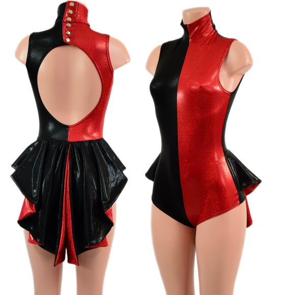 Backless Red and Black Color Blocked Romper with Mini Tux Tails - Coquetry Clothing