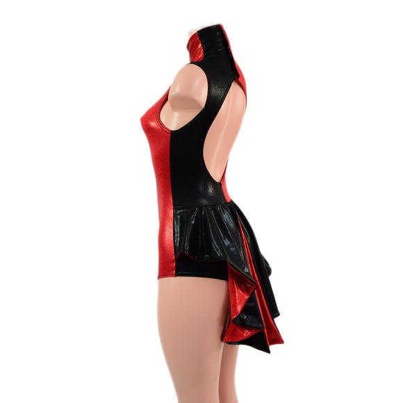 Backless Red and Black Color Blocked Romper with Mini Tux Tails - Coquetry Clothing