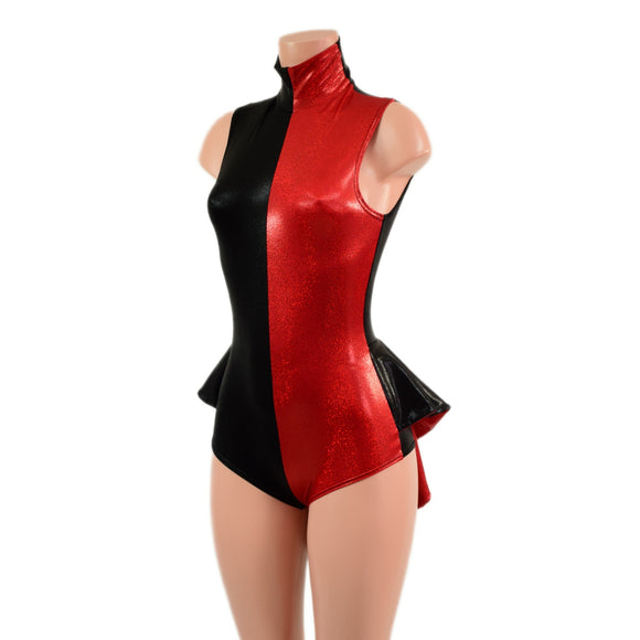 Backless Red and Black Color Blocked Romper with Mini Tux Tails - Coquetry Clothing
