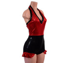 Backless Romper with Hip Ruffles in Black Mystique and Red Sparkly Jewel - Coquetry Clothing