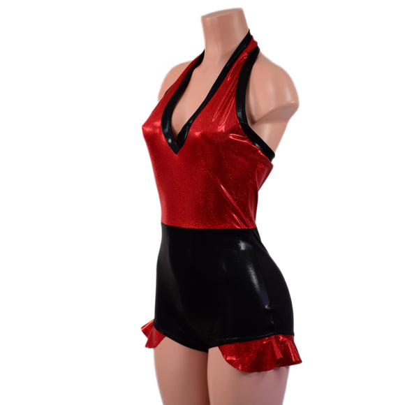 Backless Romper with Hip Ruffles in Black Mystique and Red Sparkly Jewel - Coquetry Clothing