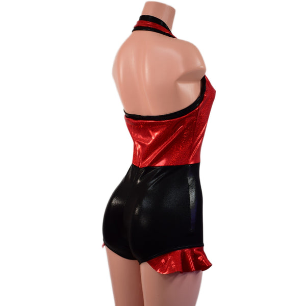 Backless Romper with Hip Ruffles in Black Mystique and Red Sparkly Jewel - 2