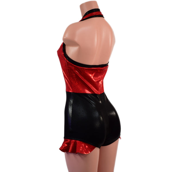 Backless Romper with Hip Ruffles in Black Mystique and Red Sparkly Jewel - 3