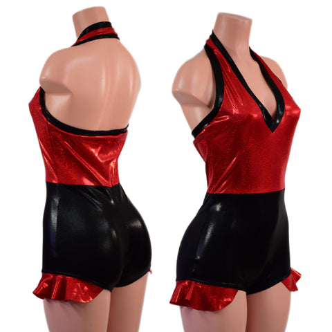 Backless Romper with Hip Ruffles in Black Mystique and Red Sparkly Jewel - Coquetry Clothing