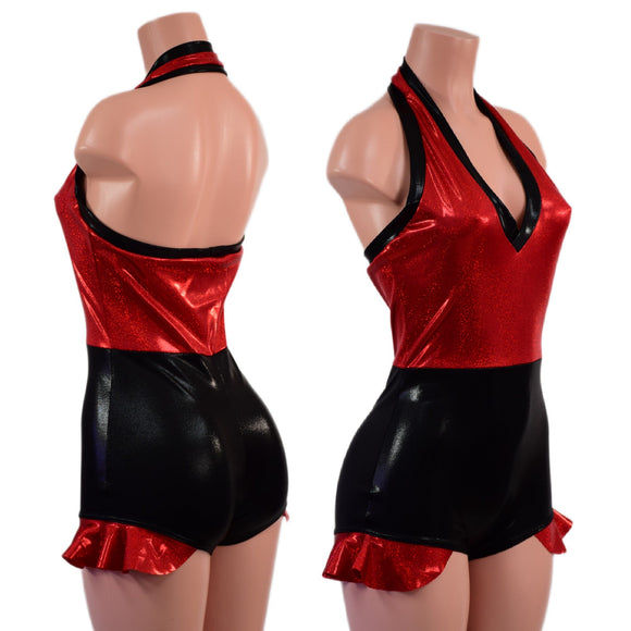 Backless Romper with Hip Ruffles in Black Mystique and Red Sparkly Jewel - Coquetry Clothing