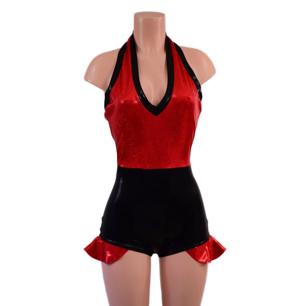 Backless Romper with Hip Ruffles in Black Mystique and Red Sparkly Jewel - 6