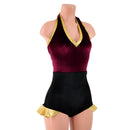 Backless Romper with Hip Ruffles in Burgundy and Black Velvet, with Gold Trim - Coquetry Clothing
