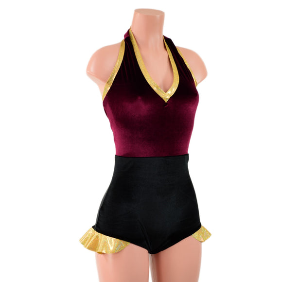 Backless Romper with Hip Ruffles in Burgundy and Black Velvet, with Gold Trim - Coquetry Clothing