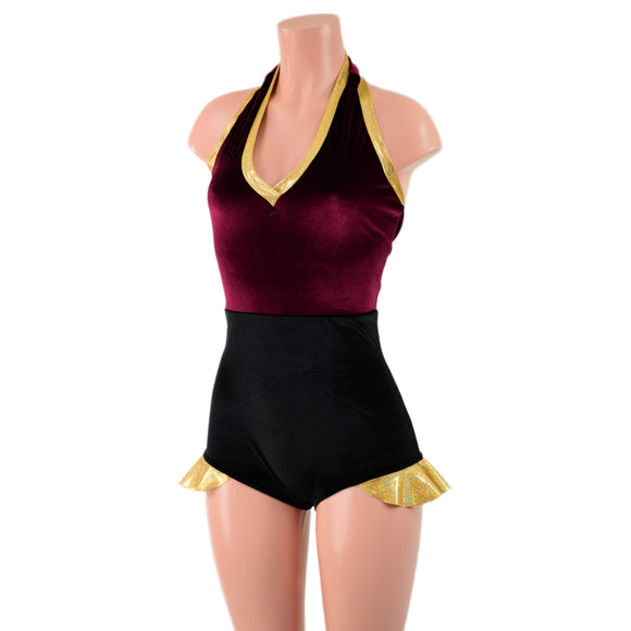 Backless Romper with Hip Ruffles in Burgundy and Black Velvet, with Gold Trim - Coquetry Clothing