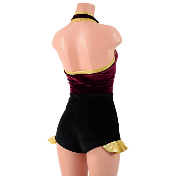 Backless Romper with Hip Ruffles in Burgundy and Black Velvet, with Gold Trim - Coquetry Clothing