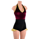 Backless Romper with Hip Ruffles in Burgundy and Black Velvet, with Gold Trim - Coquetry Clothing
