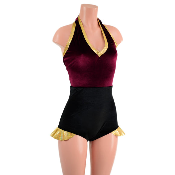 Backless Romper with Hip Ruffles in Burgundy and Black Velvet, with Gold Trim - Coquetry Clothing