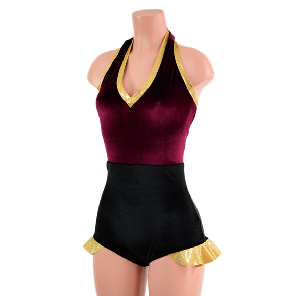 Backless Romper with Hip Ruffles in Burgundy and Black Velvet, with Gold Trim - Coquetry Clothing