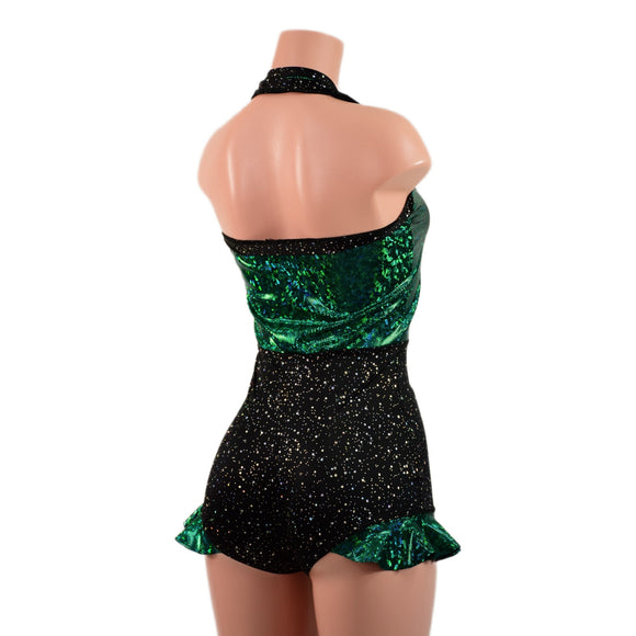 Backless Romper with Hip Ruffles in Green Kaleidoscope and Star Noir ...