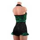Backless Romper with Hip Ruffles in Green Kaleidoscope and Star Noir - Coquetry Clothing