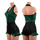 Backless Romper with Hip Ruffles in Green Kaleidoscope and Star Noir - Coquetry Clothing