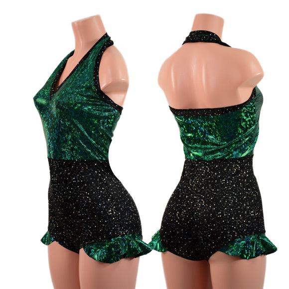 Backless Romper with Hip Ruffles in Green Kaleidoscope and Star Noir - Coquetry Clothing