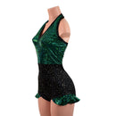 Backless Romper with Hip Ruffles in Green Kaleidoscope and Star Noir - Coquetry Clothing