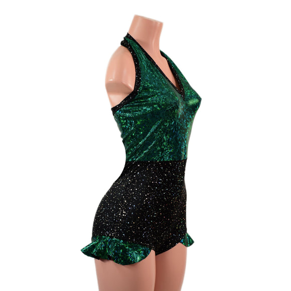 Backless Romper with Hip Ruffles in Green Kaleidoscope and Star Noir - Coquetry Clothing