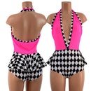 Bella Romper with Ruffle Rump in Black and White Diamonds and Pink Mesh - Coquetry Clothing