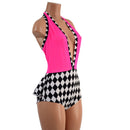Bella Romper with Ruffle Rump in Black and White Diamonds and Pink Mesh - Coquetry Clothing