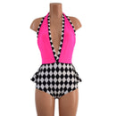 Bella Romper with Ruffle Rump in Black and White Diamonds and Pink Mesh - Coquetry Clothing