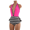 Bella Romper with Ruffle Rump in Black and White Diamonds and Pink Mesh - Coquetry Clothing