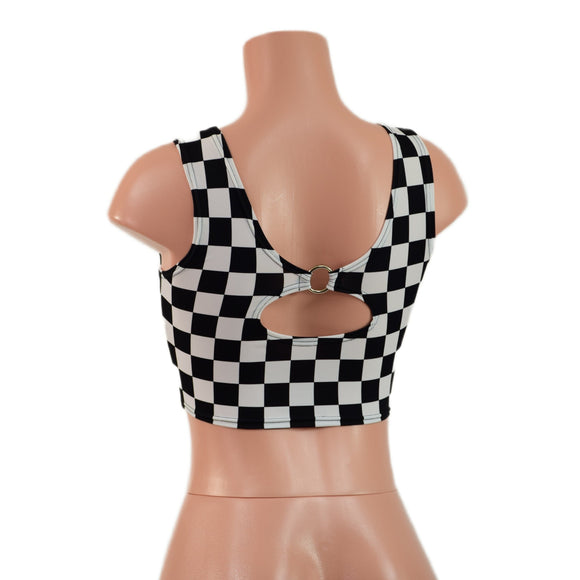 Black and White Checkered High Or Low Reversible Cutout Oring Mini Crop - Coquetry Clothing
