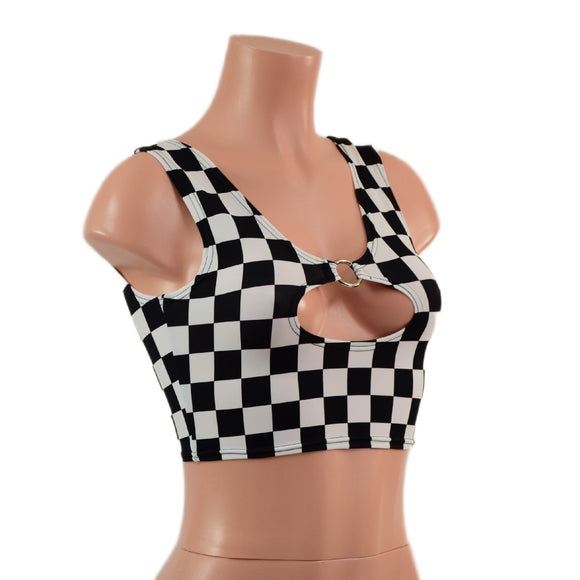 Black and White Checkered High Or Low Reversible Cutout Oring Mini Crop - Coquetry Clothing