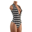Black and White Diamond Plunging V Neck Romper with Brazilian Cut Leg - Coquetry Clothing