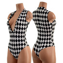 Black and White Diamond Plunging V Neck Romper with Brazilian Cut Leg - Coquetry Clothing