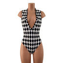 Black and White Diamond Plunging V Neck Romper with Brazilian Cut Leg - Coquetry Clothing