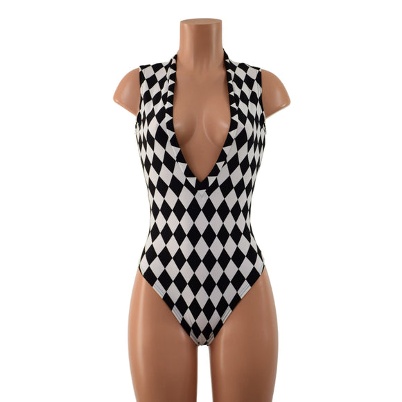 Black and White Diamond Plunging V Neck Romper with Brazilian Cut Leg - Coquetry Clothing