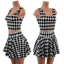 Black and White Diamond Print 15" Circle Cut Mini Skirt and Crop Tank Set - Coquetry Clothing