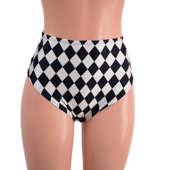 Black and White Diamond Print High Waist Siren Shorts with Brazilian Cut Leg - Coquetry Clothing