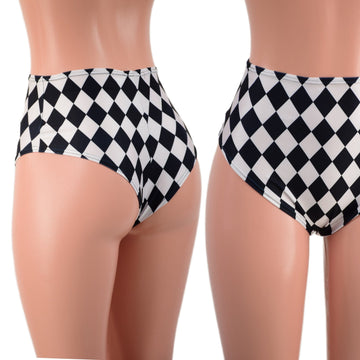 Black and White Diamond Print High Waist Siren Shorts with Brazilian Cut Leg - Coquetry Clothing