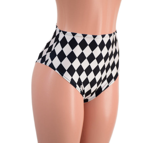 Black and White Diamond Print High Waist Siren Shorts with Brazilian Cut Leg - Coquetry Clothing