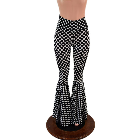 Black and White Polka Dot Print High Waist Bell Bottom Flares - Coquetry Clothing