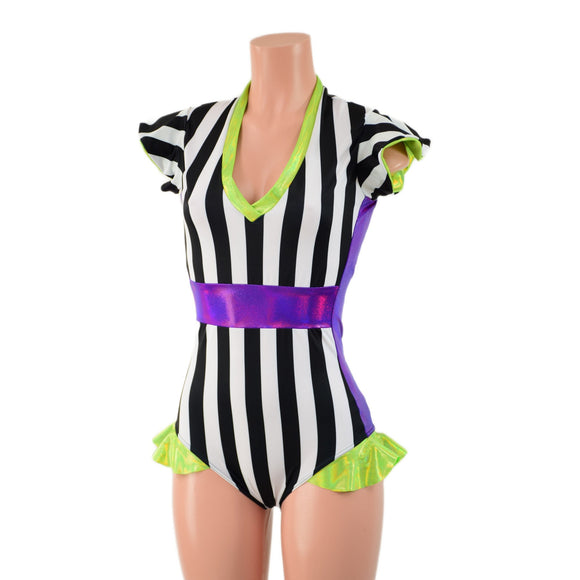 Black and White Striped Romper with Lime and Grape Trim - Coquetry Clothing