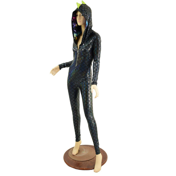 Black Dragon Hooded Catsuit with Zipper Front - Coquetry Clothing