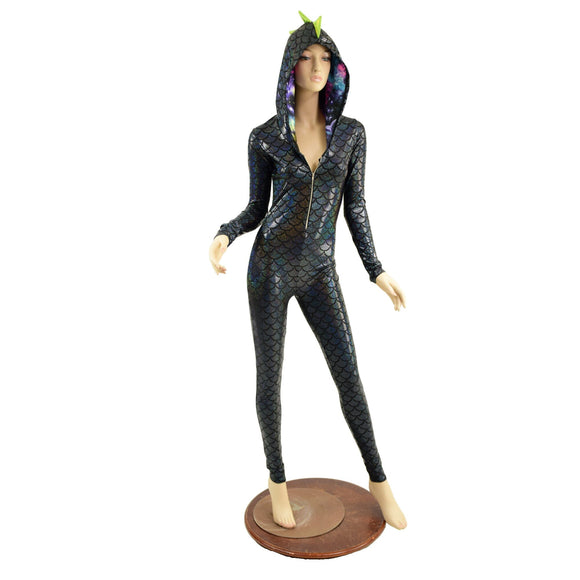 Black Dragon Hooded Catsuit with Zipper Front - Coquetry Clothing