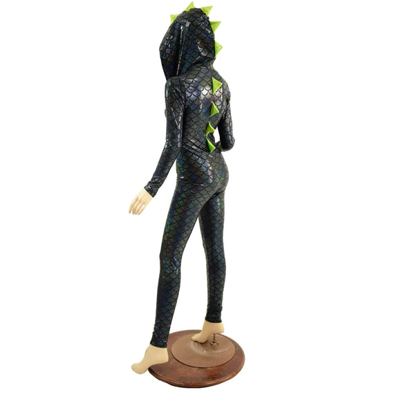Black Dragon Hooded Catsuit with Zipper Front - Coquetry Clothing