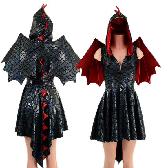 Black Dragon Hoodie Skater Dress and Wings Set - Coquetry Clothing