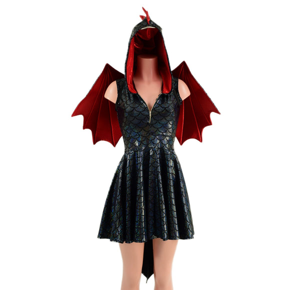 Black Dragon Hoodie Skater Dress and Wings Set - Coquetry Clothing