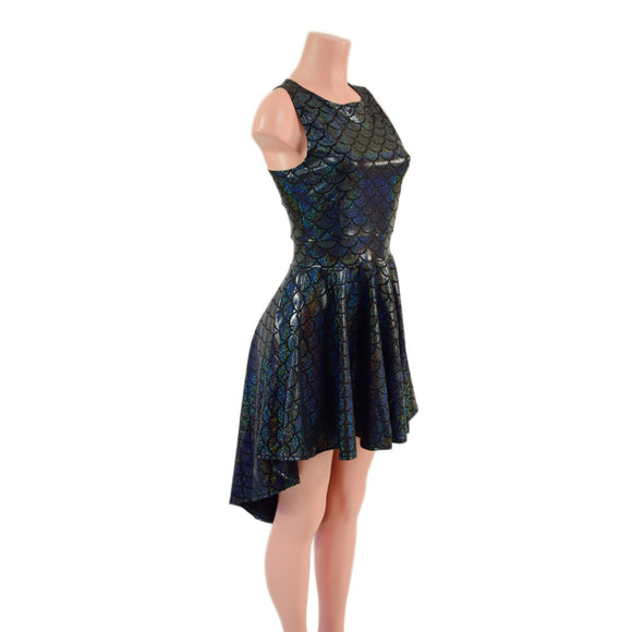 Black Dragon Scale Hi Lo Skater Dress with Crew Neckline and Racer Back - Coquetry Clothing