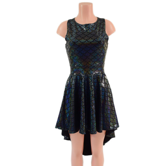 Black Dragon Scale Hi Lo Skater Dress with Crew Neckline and Racer Back - Coquetry Clothing