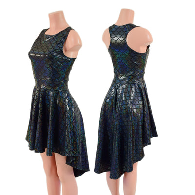 Black Dragon Scale Hi Lo Skater Dress with Crew Neckline and Racer Back - Coquetry Clothing