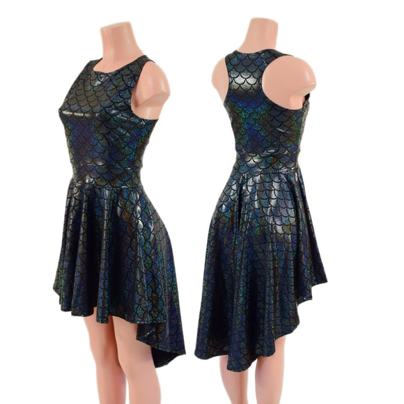 Black Dragon Scale Hi Lo Skater Dress with Crew Neckline and Racer Back - Coquetry Clothing