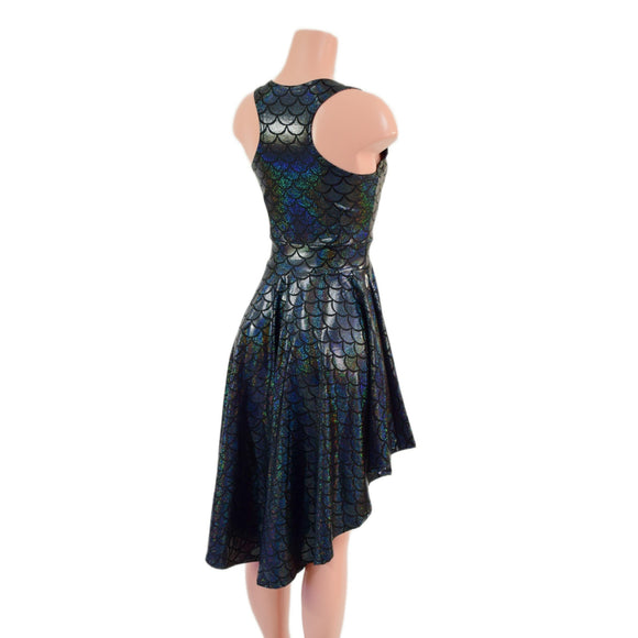 Black Dragon Scale Hi Lo Skater Dress with Crew Neckline and Racer Back - Coquetry Clothing