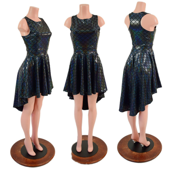Black Dragon Scale Hi Lo Skater Dress with Crew Neckline and Racer Back - Coquetry Clothing